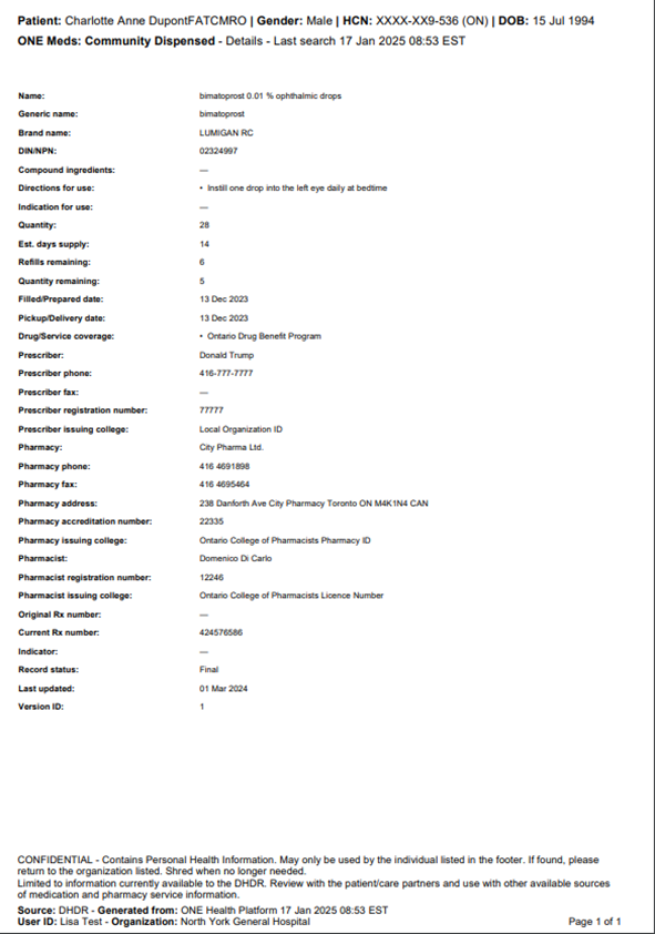 Sample details printout
