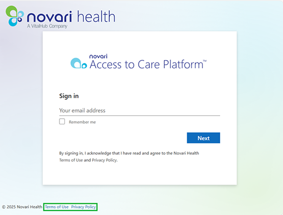 Capture d'écran d'une page de connexion pour la plateforme d'accès aux soins de Novari Health, conçue pour la connexion des utilisateurs via leur adresse électronique. Les fonctionnalités incluent une case à cocher « Se souvenir de moi », un bouton bleu « Suivant » et des liens vers les conditions d'utilisation et la politique de confidentialité en bas de page.