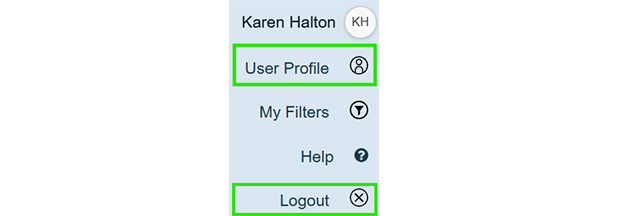Screenshot of a user interface sidebar menu showing account options. It includes labeled buttons "User Profile" with a person icon and "Logout" with a cross icon, both highlighted with green borders.