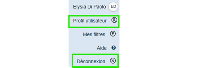Capture d'écran du menu latéral de l'interface utilisateur affichant les options du compte. Il comprend des boutons intitulés « Profil utilisateur » avec une icône de personne et « Déconnexion » avec une icône en forme de croix, tous deux mis en évidence par des bordures vertes.