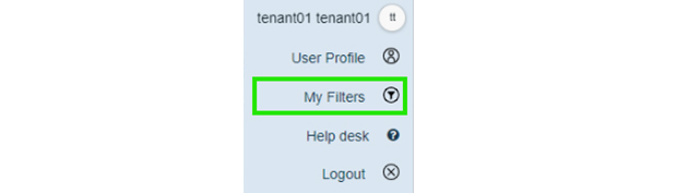 Screenshot of a user interface sidebar menu displaying options including User Profile, My Filters, Help desk, and Logout. My Filters option is highlighted with a green border and accompanied by a funnel icon, indicating filter settings or customization feature.