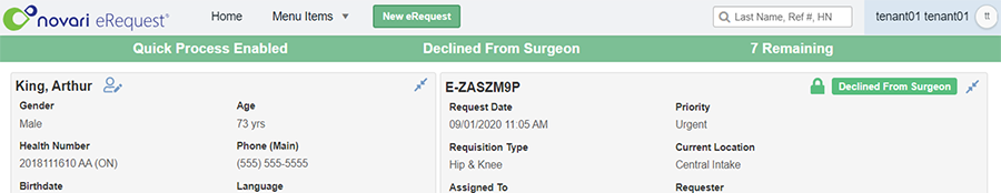 Screenshot of a medical request interface showing patient details. The request status is marked as "Declined From Surgeon" with a green banner, and key sections include patient information, request ID, priority, and current location.