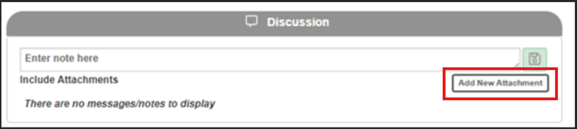 Screenshot of a discussion forum interface showing a text input box labeled "Enter note here" and a section for attachments with a message stating no notes or messages are displayed. A red-outlined button labeled "Add New Attachment" is located on the right side, indicating functionality to upload files.