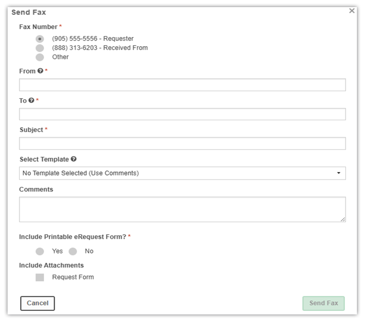 Screenshot of a fax sending form designed for entering fax number, sender, recipient, subject, template selection, comments, and attachment options. Form includes radio buttons for fax number selection and printable form inclusion, a dropdown for template choice, text fields for input, and buttons for canceling or sending fax.