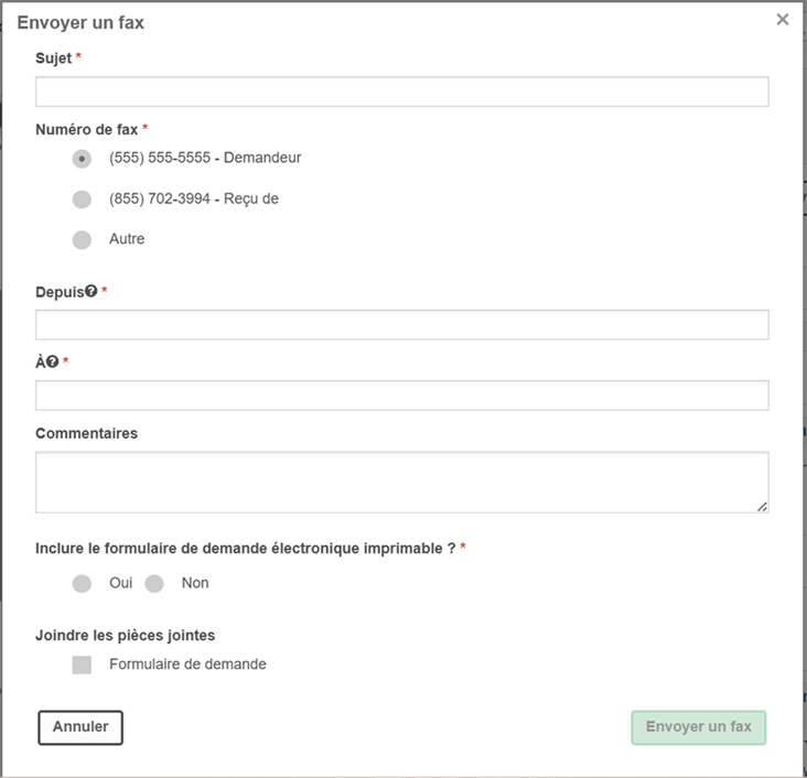 Capture d'écran d'un formulaire d'envoi de fax conçu pour saisir le numéro de fax, l'expéditeur, le destinataire, l'objet, la sélection du modèle, les commentaires et les options de pièce jointe. Le formulaire comprend des boutons radio pour la sélection du numéro de fax et l'inclusion d'un formulaire imprimable, une liste déroulante pour le choix du modèle, des champs de texte pour la saisie et des boutons pour annuler ou envoyer le fax.