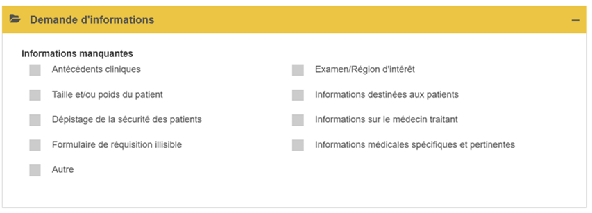Capture d'écran d'un formulaire web intitulé « Informations manquantes » avec des options permettant de sélectionner « Oui » ou « Non » pour les informations manquantes et des cases à cocher pour spécifier les types d'informations telles que les informations de référence, les données démographiques du patient, les informations sur le médecin.