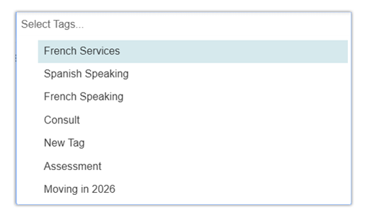 Dropdown menu listing selectable tags for categorization or filtering, including options like French Services, Spanish Speaking, Consult, and others. French Services is highlighted with a gray background, indicating current selection or focus.