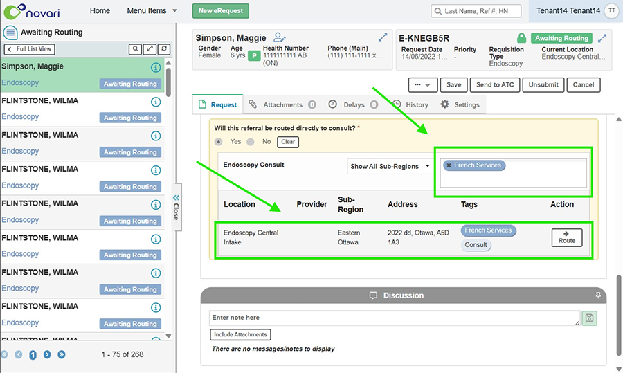 Screenshot of a medical referral management software interface showing a patient referral with details for routing an endoscopy consult. Key elements include patient information, referral type, location and provider details highlighted in green, and options to consult or route the referral, with a tag for "French Services" visible.
