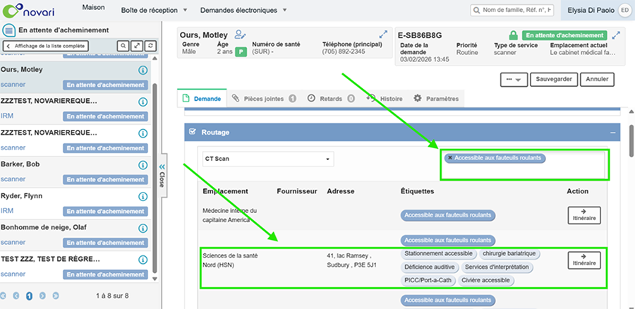 Capture d'écran de l'interface d'un logiciel de gestion des orientations médicales montrant l'orientation d'un patient avec les détails pour l'acheminement d'une consultation d'endoscopie. Les éléments clés comprennent les informations sur le patient, le type d'orientation, le lieu et les coordonnées du prestataire, mis en évidence en vert, ainsi que les options pour consulter ou acheminer l'orientation, avec une étiquette « Accessible aux fauteuils roulants » visible.