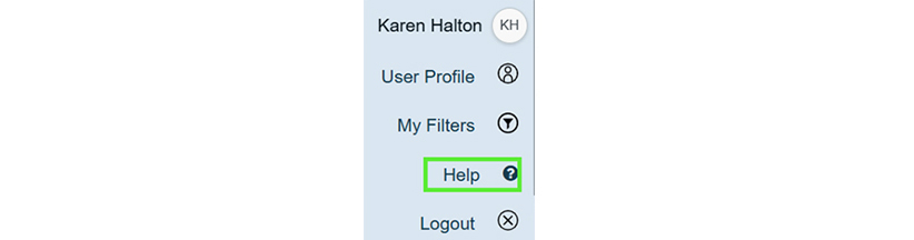Screenshot of a user interface sidebar menu displaying options including User Profile, My Filters, Help, and Logout. Help option is highlighted with a green box and accompanied by a question mark icon.
