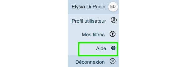 Capture d'écran d'un menu latéral d'interface utilisateur affichant des options telles que Profil utilisateur, Mes filtres, Aide et Déconnexion. L'option d'aide est mise en évidence par un cadre vert et accompagnée d'une icône point d'interrogation.