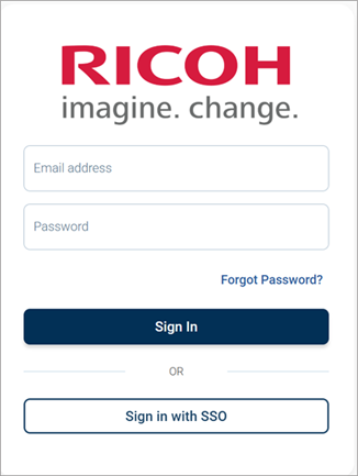 Login screen for Ricoh platform featuring fields for email address and password entry. Includes options to sign in, recover forgotten password, or sign in with Single Sign-On (SSO), with Ricoh logo and tagline "imagine. change." displayed at top.