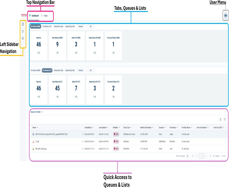 Screenshot of a software dashboard displaying navigation and task management features. It includes a top navigation bar, left sidebar navigation, tabs for queues and lists, and a detailed table showing task IDs, descriptions, statuses, and user assignments with color-coded status indicators.