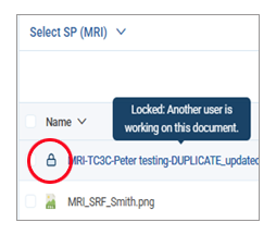 Screenshot of a file selection interface showing two files under "Select SP (MRI)" category. One file is locked with a tooltip stating "Locked: Another user is working on this document," and the other is an unlocked image file named "MRI_SRF_Smith.png" with a thumbnail preview.