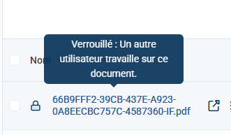 Capture d'écran d'une interface de sélection de fichiers montrant deux fichiers sous la catégorie « Sélection du fournisseur de services (IRM) ». Un fichier est verrouillé avec une info-bulle indiquant « Verrouillé : un autre utilisateur travaille sur ce document », et l'autre est un fichier image déverrouillé nommé