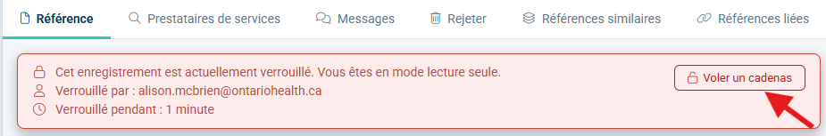 Capture d'écran d'une interface logicielle affichant une notification de dossier verrouillé avec texte rouge et encadré rouge. Le message indique le mode lecture seule, l'adresse électronique du détenteur du verrou et une durée de verrouillage de 20 minutes, avec un bouton « Retirer le verrou » à droite.