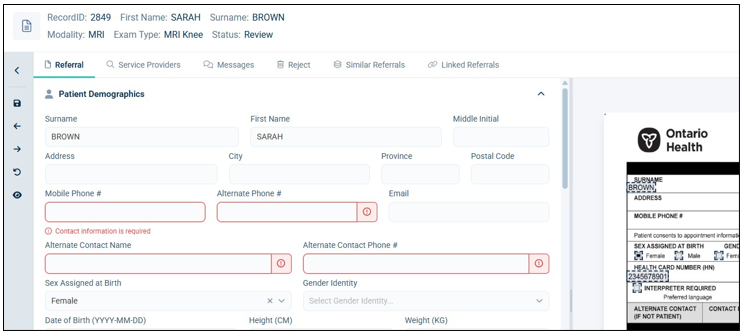 Screenshot of a medical referral form interface showing patient demographics for a patient, including fields for contact information, gender identity, and physical measurements. Red warning icons highlight missing or required contact details, with a sidebar displaying navigation options and a partial Ontario Health card on the right.