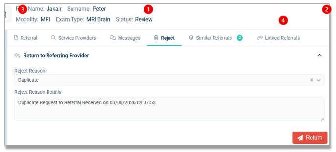 Screenshot of a medical referral system showing a rejected MRI brain exam request for a patient. The rejection tab highlights a duplicate request received date, with options to return to the referring provider.
