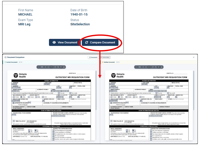 Screenshot of a medical record summary showing patient information. Two buttons labeled View Document and Compare Document are displayed below the details.