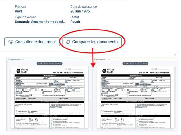 Capture d'écran d'un outil de comparaison de documents affichant côte à côte deux versions d'un « Formulaire de demande d'IRM en consultation externe » de Santé Ontario. Les deux formulaires contiennent des champs d'information sur le patient, des détails d'examen et des précautions de dépistage, avec de légères différences textuelles mises en évidence pour examen.