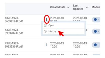 Screenshot of a document management interface displaying a list of PDF files with columns for Created Date and Last Updated dates. Each row includes file names, timestamps, and toggle switches, with a context menu open showing options for "Open" and "History." History with a red arrow beside.